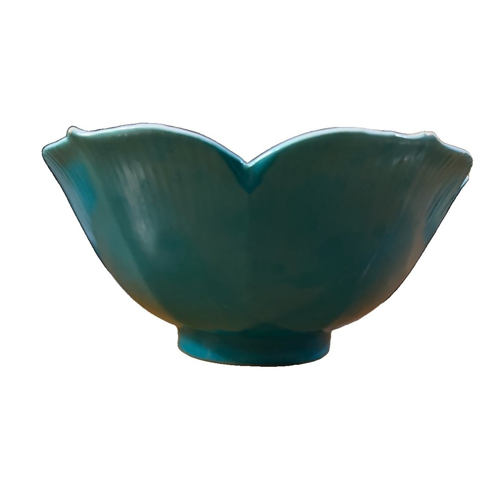 Blue Milk Glass Lotus Petal Bowl White Interior Scalloped 6" Floral Vintage